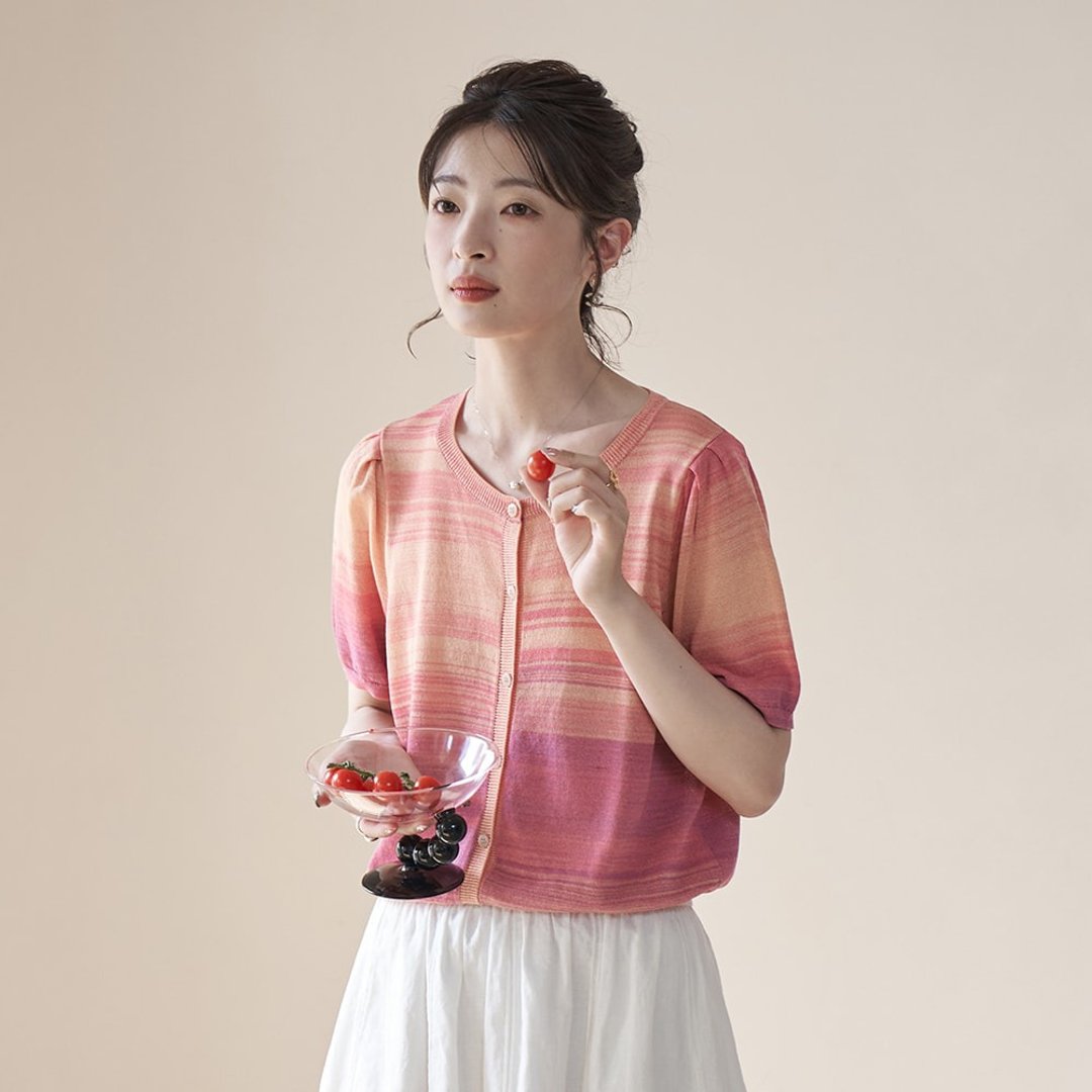 桃粉色V领针织开衫|针织衫|外套|春夏款|Sora-1170 - 女装针织衫/毛衣 - 其他人造纤维 粉红色