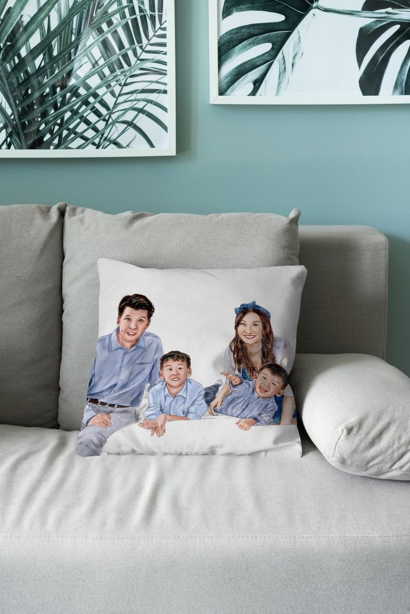 客制化礼物 手绘Q版卡通抱枕 结婚生日情侣家庭似颜绘抱枕 - 枕头/抱枕 - 其他人造纤维 白色