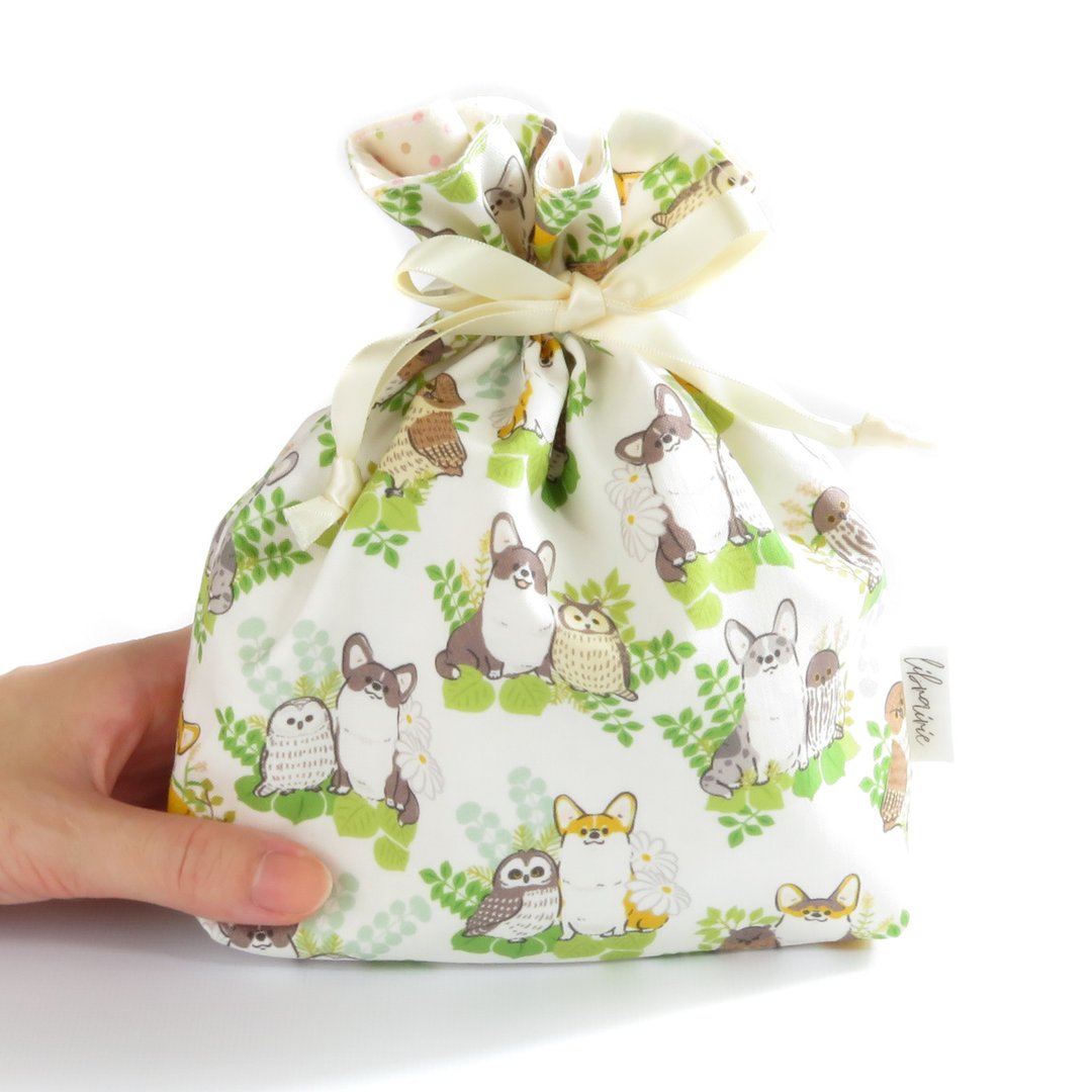 Kogichaku Corgi and Owls Drawstring Pouch - 化妆包/杂物包 - 棉 绿色