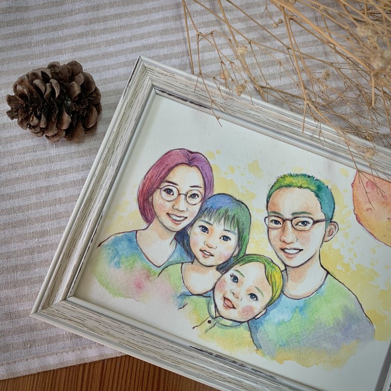 水彩风格似颜绘 – 四四顺心。定制化人像 / 宠物 含画框 2大2小 - 海报/装饰画/版画 - 纸 白色