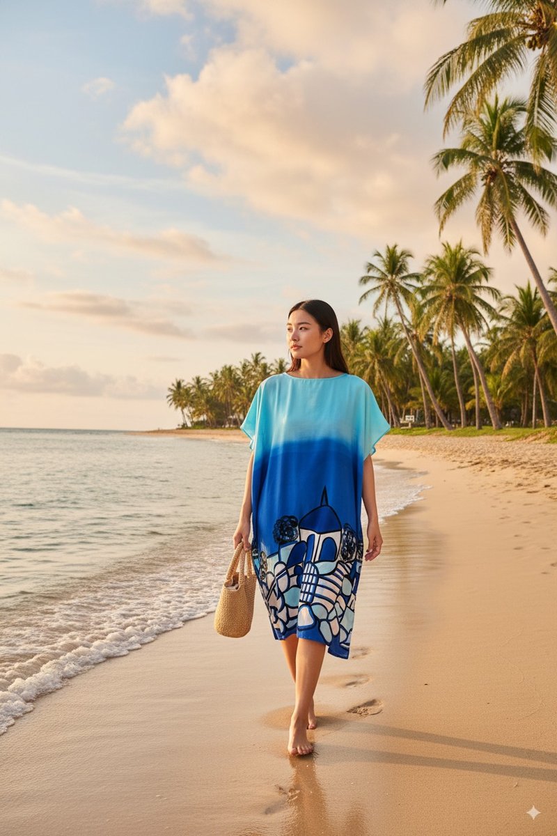 Hand Painted Cotton Silk Kaftan for Summer Resort Vacation- - 洋装/连衣裙 - 棉．麻 蓝色