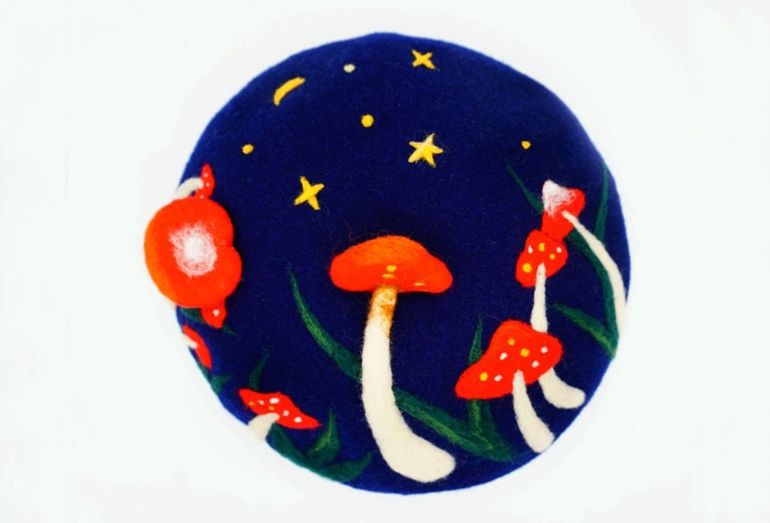 黑夜里的蘑菇森林 羊毛毡贝雷帽画家帽 - 帽子 - 羊毛 蓝色