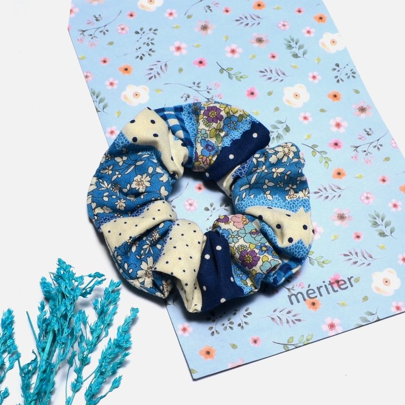 格文小花点点蓝发圈 大肠发圈 发束 甜甜圈 大肠圈 手作 质感 - 发饰 - 棉．麻 蓝色