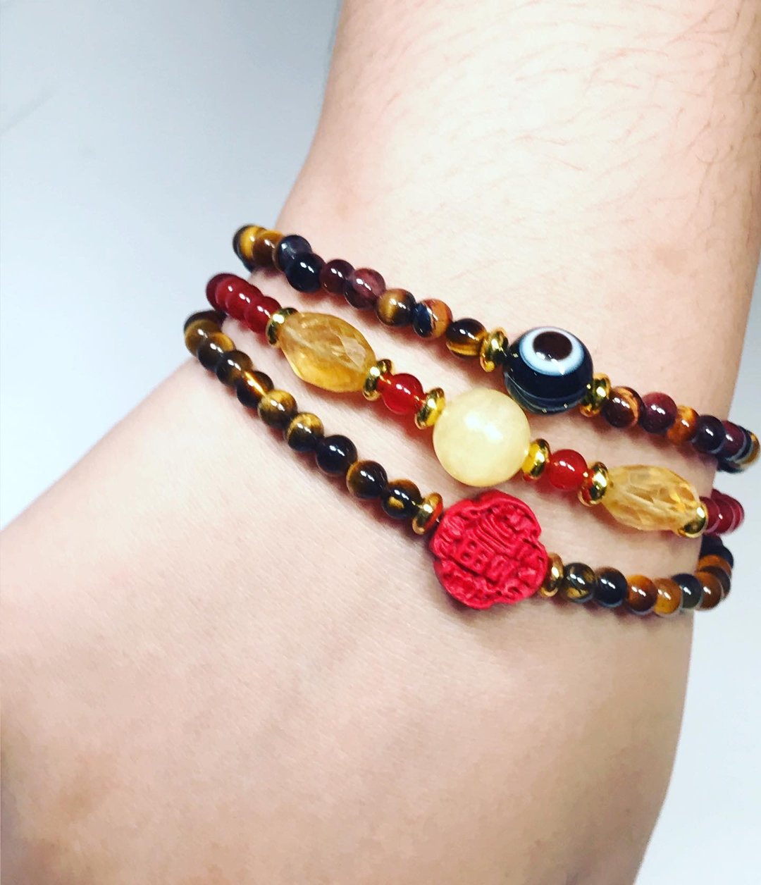 Double happiness and Tiger Eye bracelet - 手链/手环 - 宝石 咖啡色