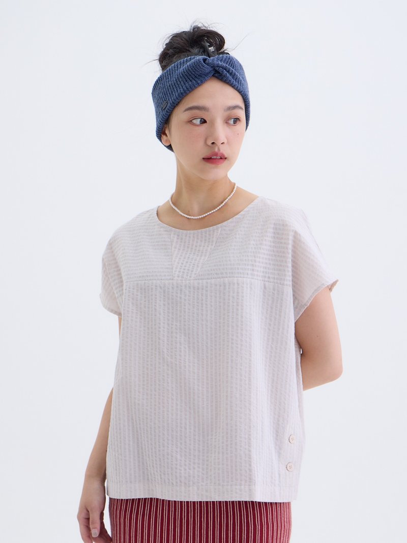 软云圆领连袖上衣-薄茶 - 女装 T 恤 - 棉．麻 卡其色