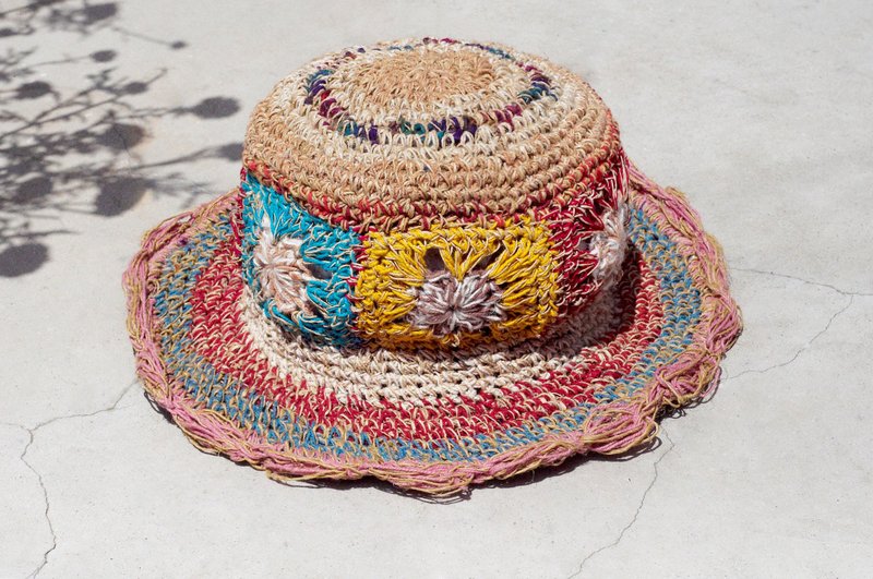 情人节礼物 限量一件 手工编织棉麻帽/编织帽/渔夫帽/草帽/遮阳帽/钩织帽 - 鲜艳色 清新海洋风花朵编织 - 帽子 - 棉．麻 多色