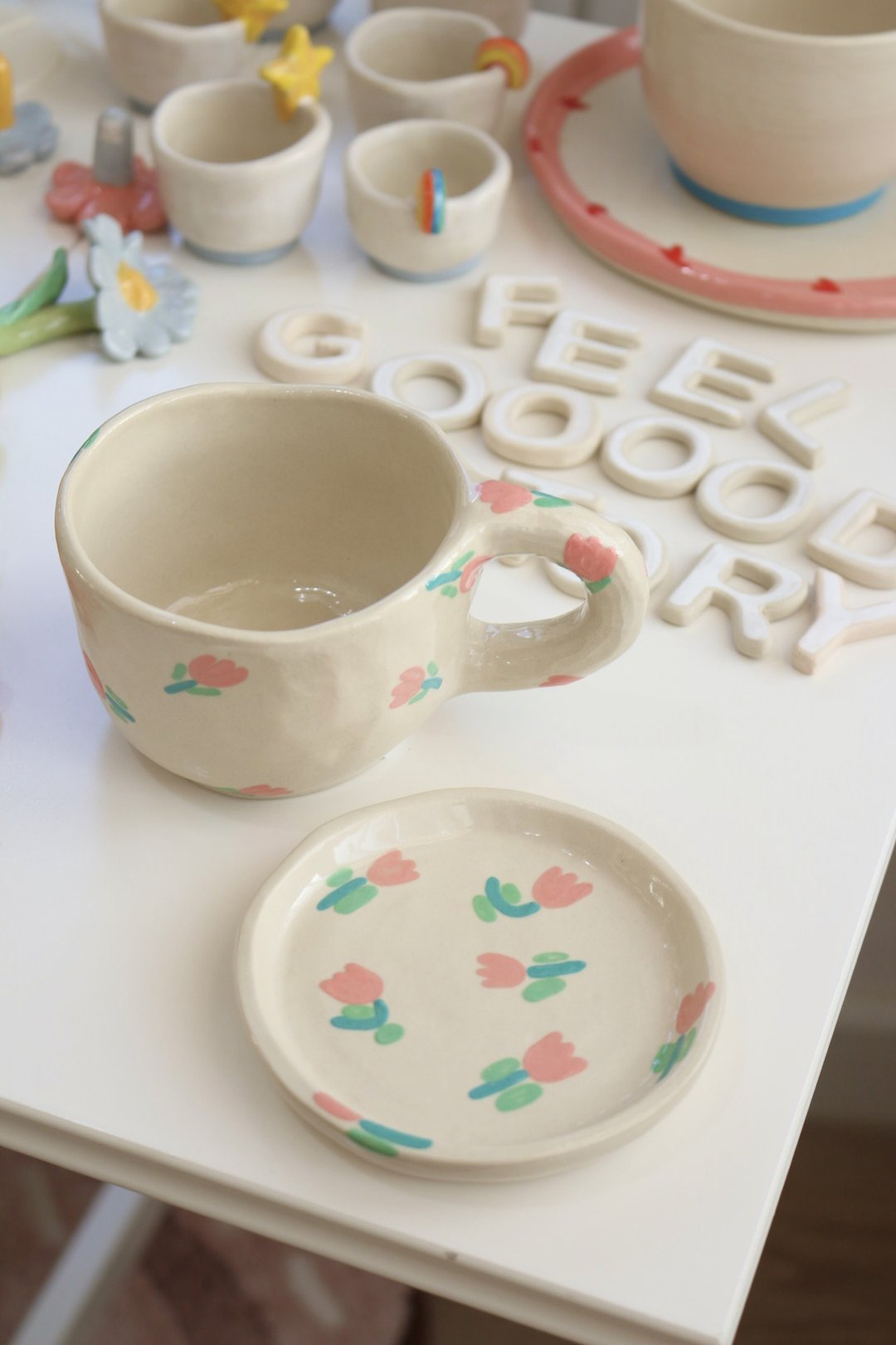Cup Ceramic Paint Tulip Pink with Coaster - 花瓶/陶器 - 陶 粉红色