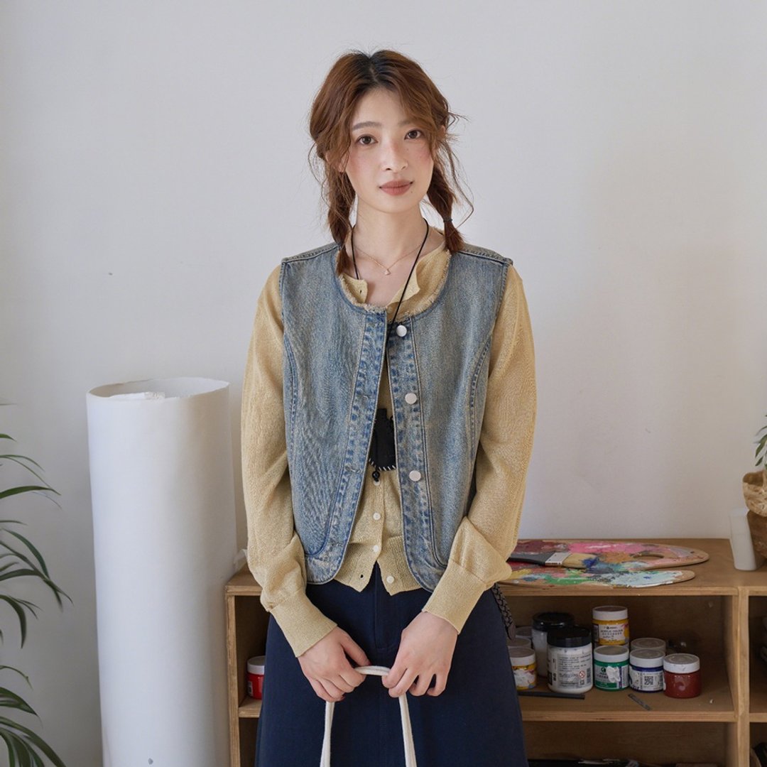 做旧短款牛仔马甲|背心|夏秋款|Sora-1883 - 女装背心 - 棉 蓝色