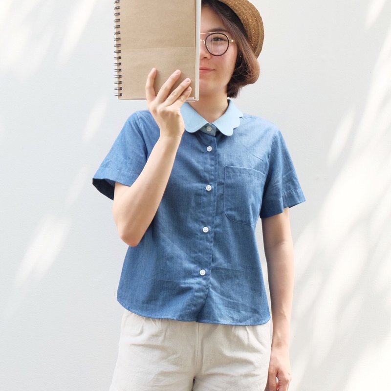 Flower Collar Shirt : Dark Denim - 女装上衣 - 其他材质 蓝色