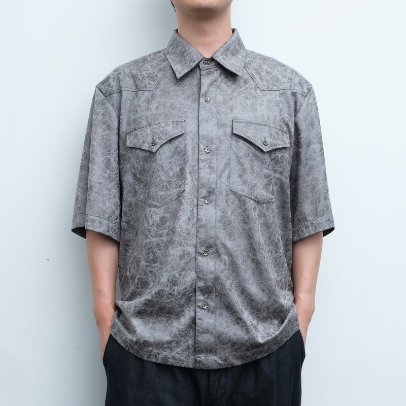 KAIKAI - Insomnia - 冰裂纹麂皮短袖衬衫 - 男装衬衫 - 聚酯纤维 灰色