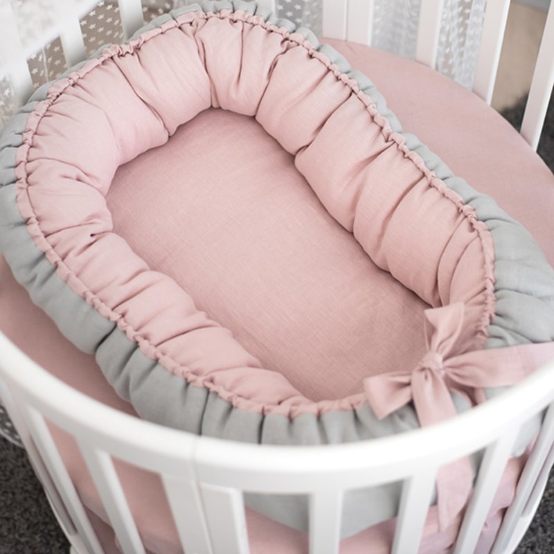LINEN Pink Grey baby nest - double sided nest for baby sleeping bed - 婴儿床上用品 - 亚麻 粉红色