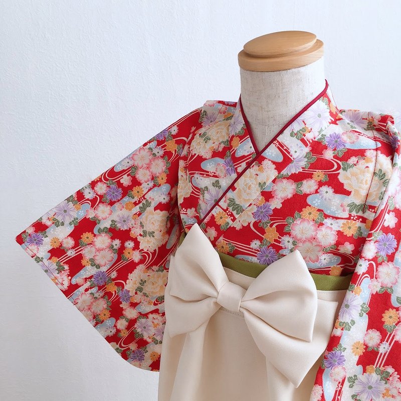 Hakama Dress 日本裤连衣裙-流水花Red-Cream (女童/嬰兒/兒童) - 童装礼服/连衣裙 - 棉．麻 红色