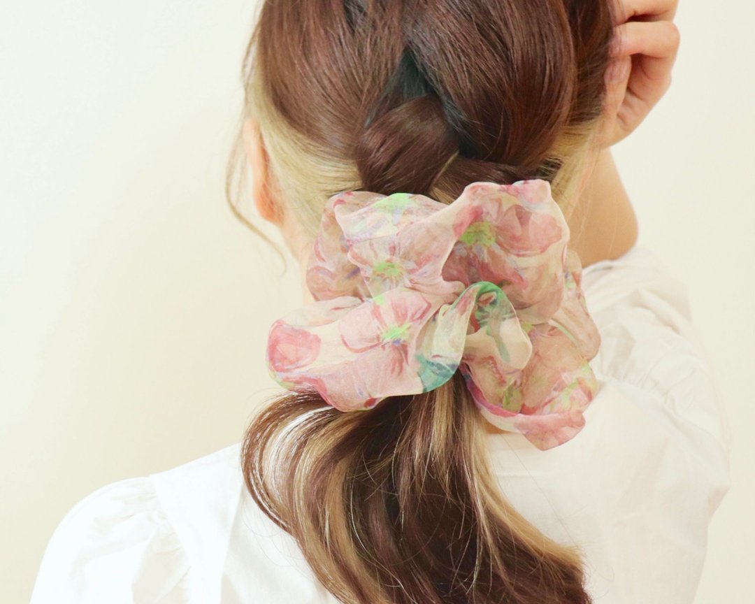 Cherry blossoms art scrunchie Asahi art style original textile big scrunchie - 发饰 - 橡胶 粉红色