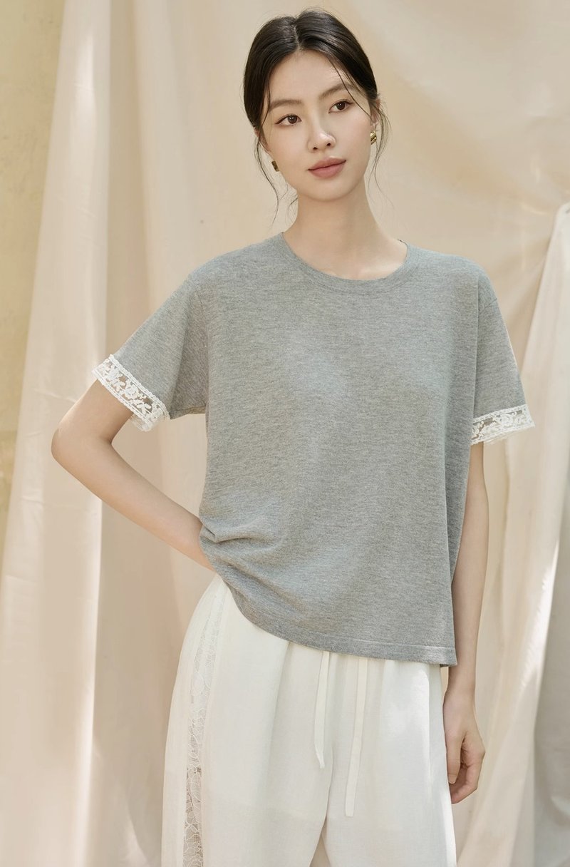 新中式极简 针织工艺后背透感 蕾丝拼接短袖T恤 - 女装 T 恤 - 其他材质 多色