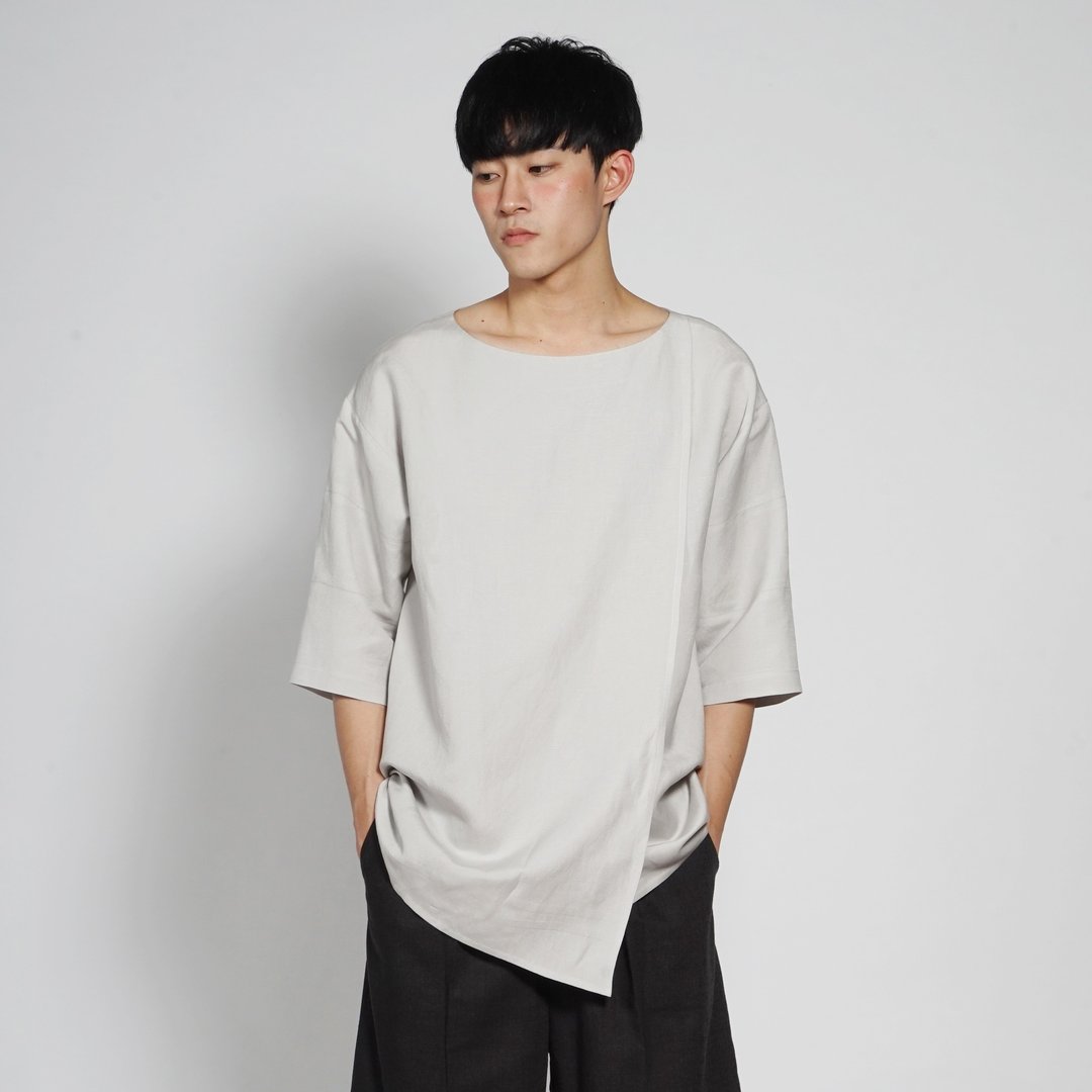 黑白切 17SS 前片重叠式休闲上衣 浅灰 - 男装上衣/T 恤 - 棉 灰色