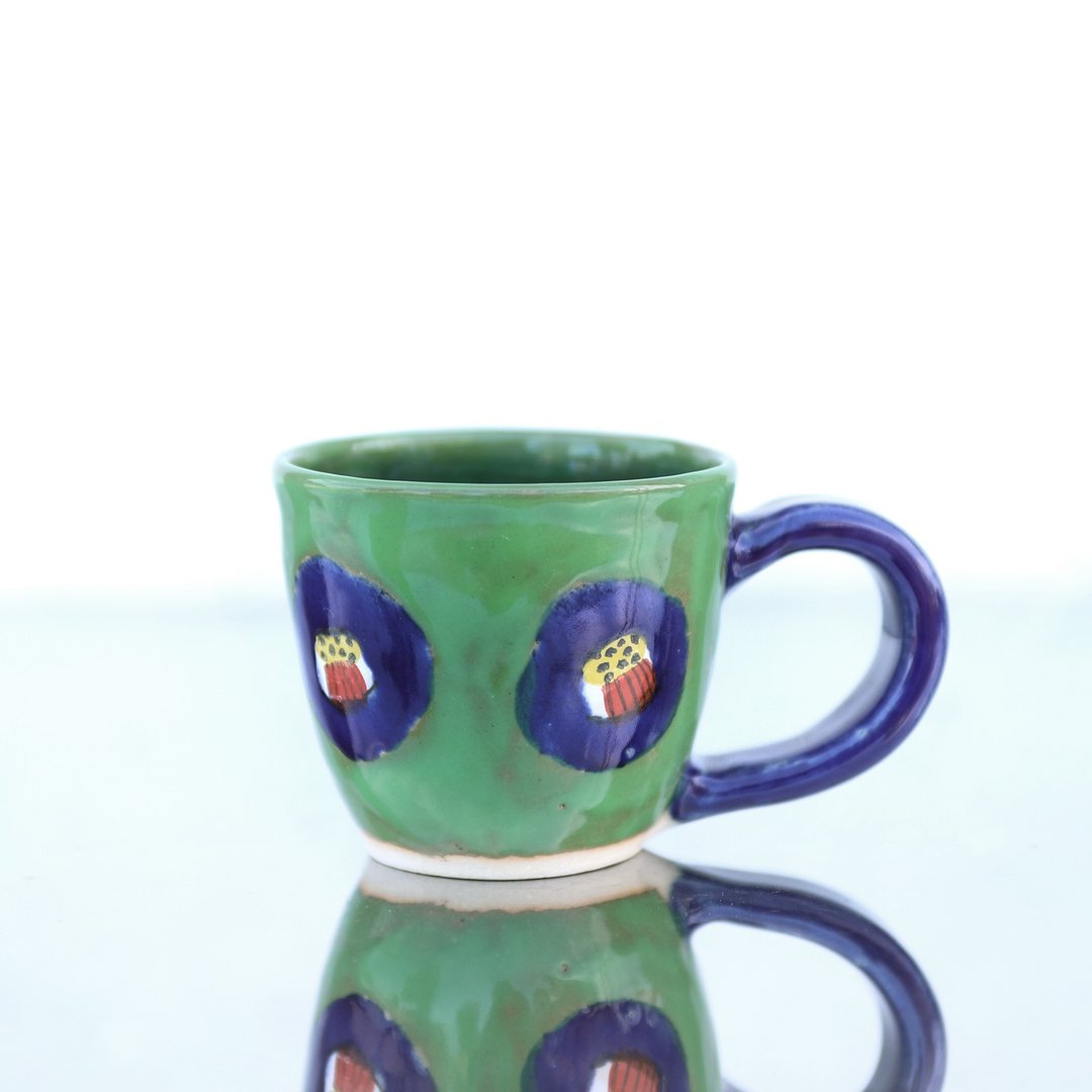 Pop camellia mug/green glaze/cobalt blue handle - 咖啡杯/马克杯 - 陶 绿色