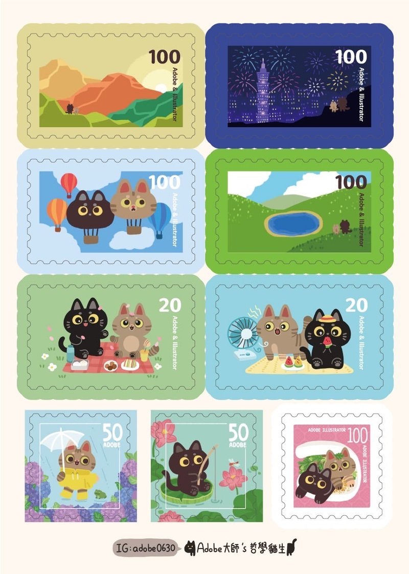 猫咪插画半断贴纸 风景邮票款 - 贴纸 - 纸 多色