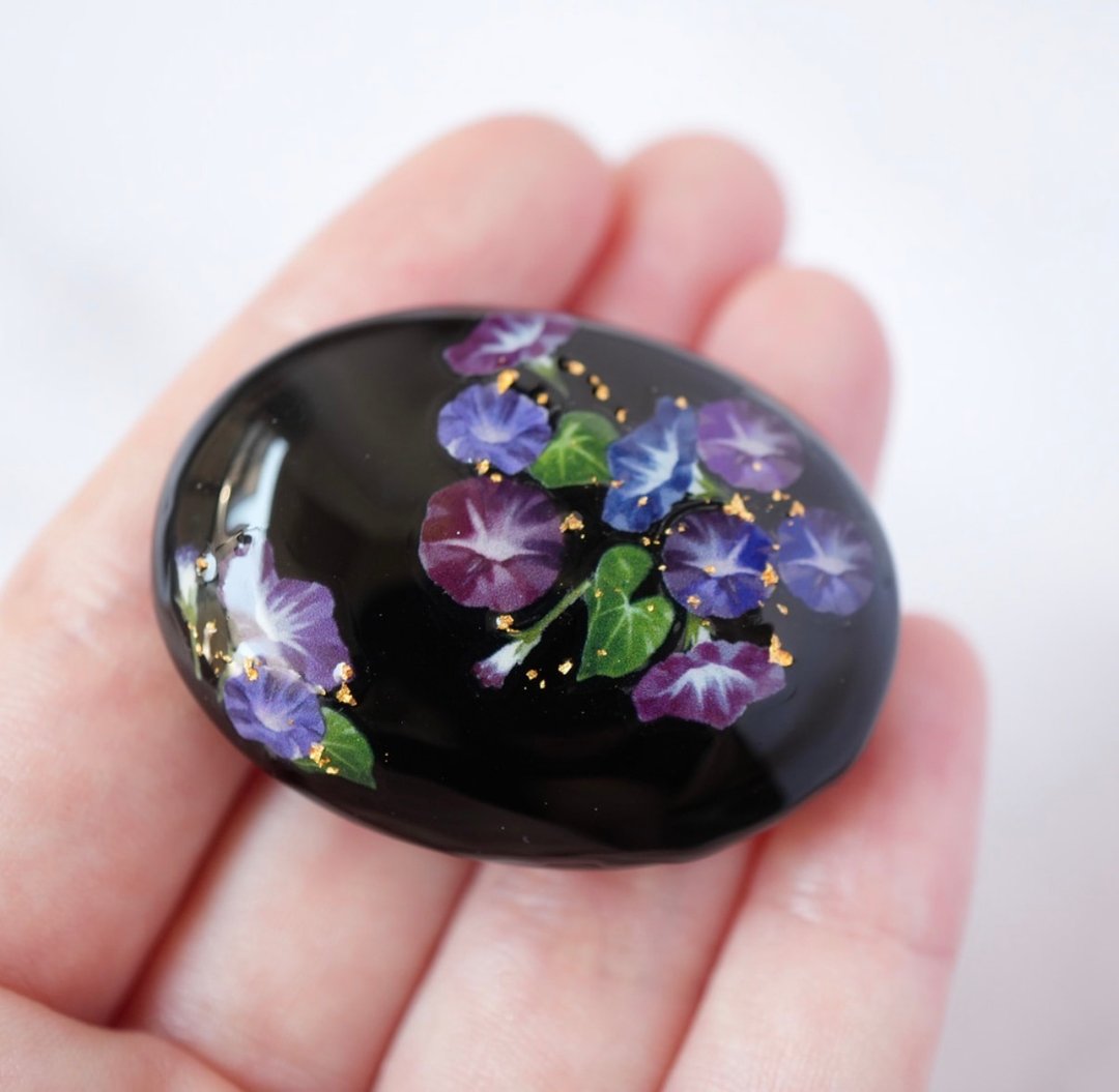 天然黑玛瑙与牵牛花和服带留 / 发钩・胸针 - 胸针 - 宝石 黑色