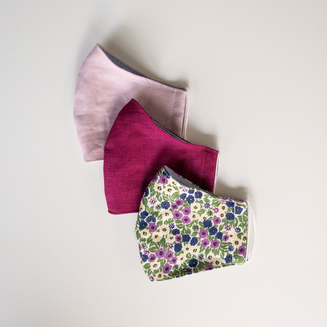 L6S5 Pink linen mask set, fuchsia, flowers (3 pieces) - 口罩 - 亚麻 粉红色