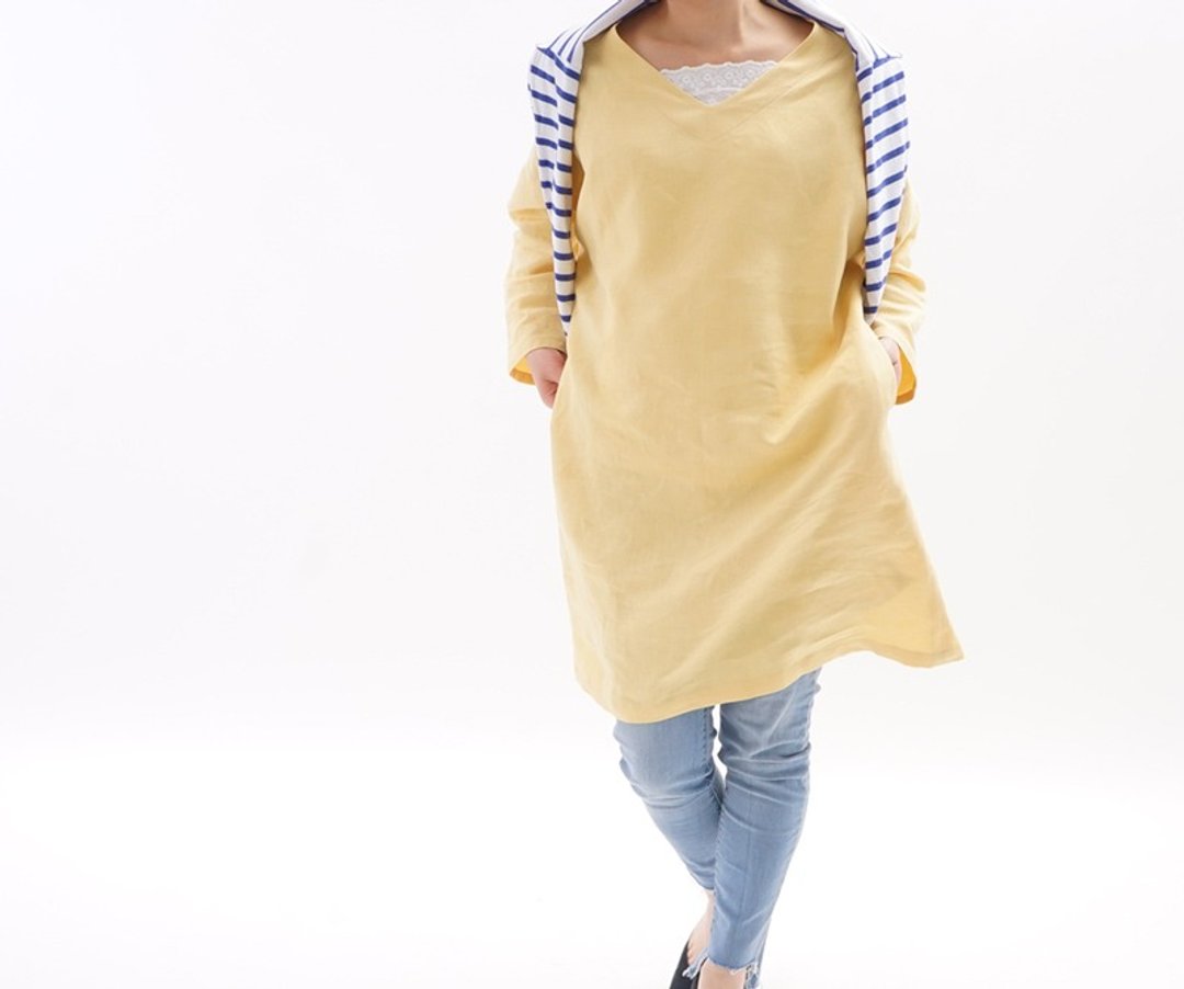 Belgium linen V-neck Dolman sleeve dress / Jonu Paiyu a8-16 - 洋装/连衣裙 - 棉 黄色