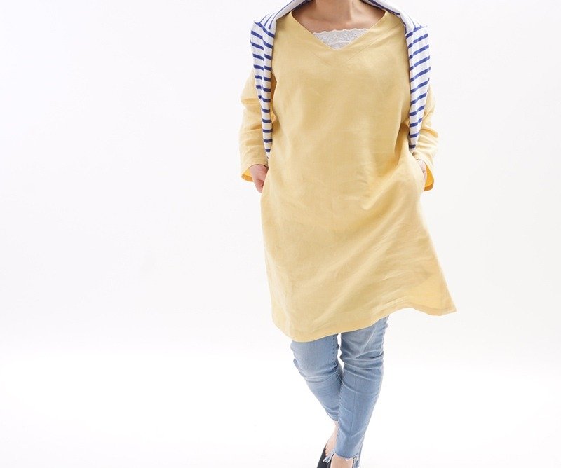 Belgium linen V-neck Dolman sleeve dress / Jonu Paiyu a8-16 - 洋装/连衣裙 - 棉．麻 黄色