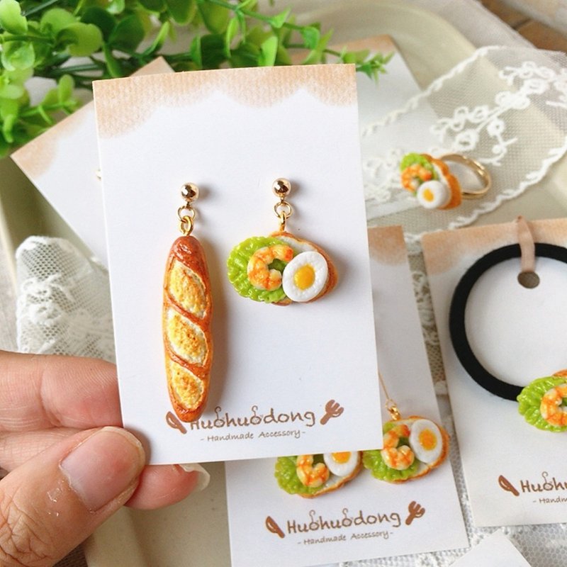 原创手作鲜虾鸡蛋法棍三文治纯银耳环项链小众设计感礼物 - 耳环/耳夹 - 其他材质 
