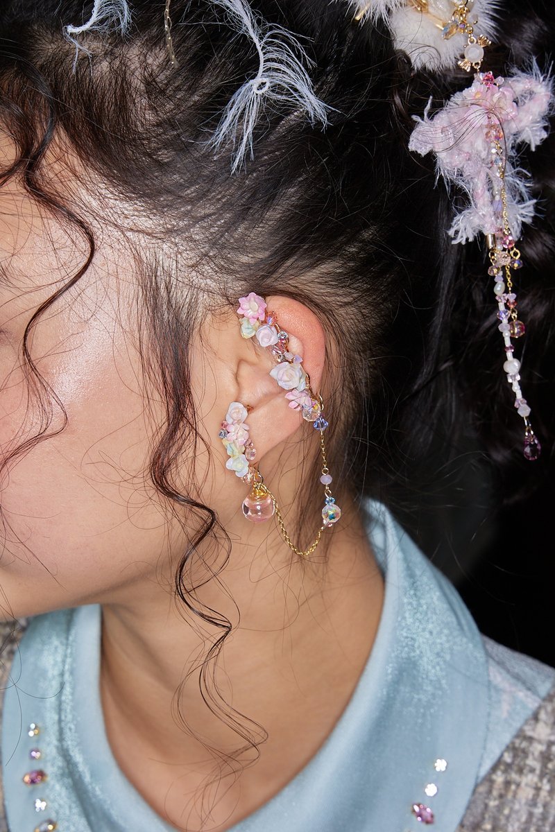 泡泡糖玻璃球耳勾夹及耳挂套装 - 耳环/耳夹 - 粘土 粉红色