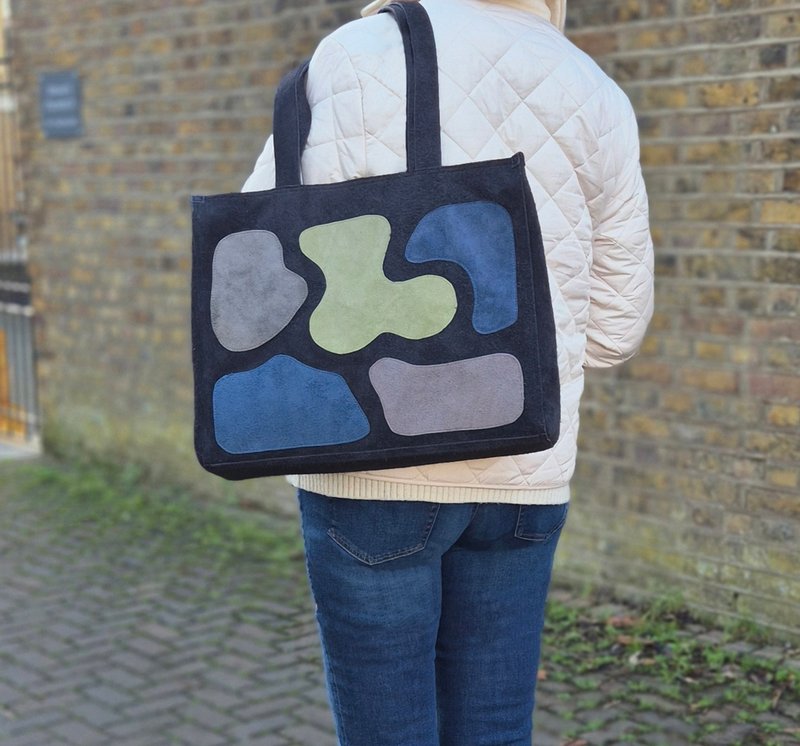 皮革托特包, 大型购物袋, 宽敞手提包, 麂皮肩背包, 午夜蓝手提包 - 手提包/手提袋 - 真皮 蓝色