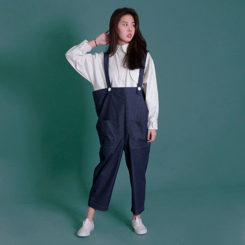 宽版吊带裤 深蓝 - 背带裤/连体裤 - 棉．麻 蓝色