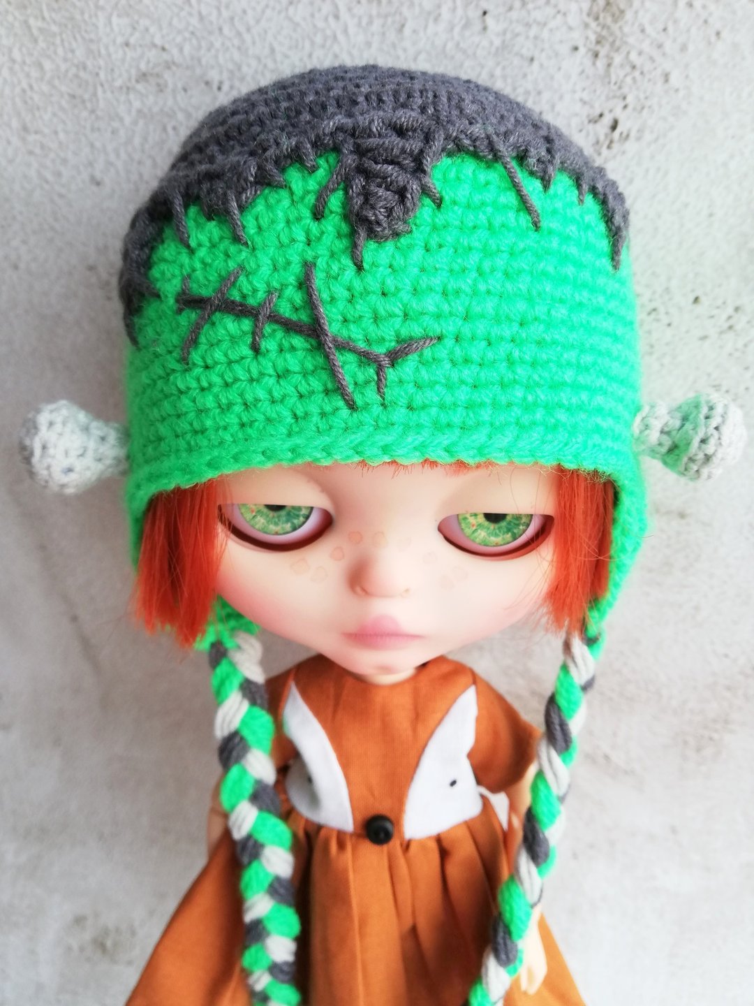 Blythe hat crochet green Frankenstein - 玩偶/公仔 - 棉 绿色