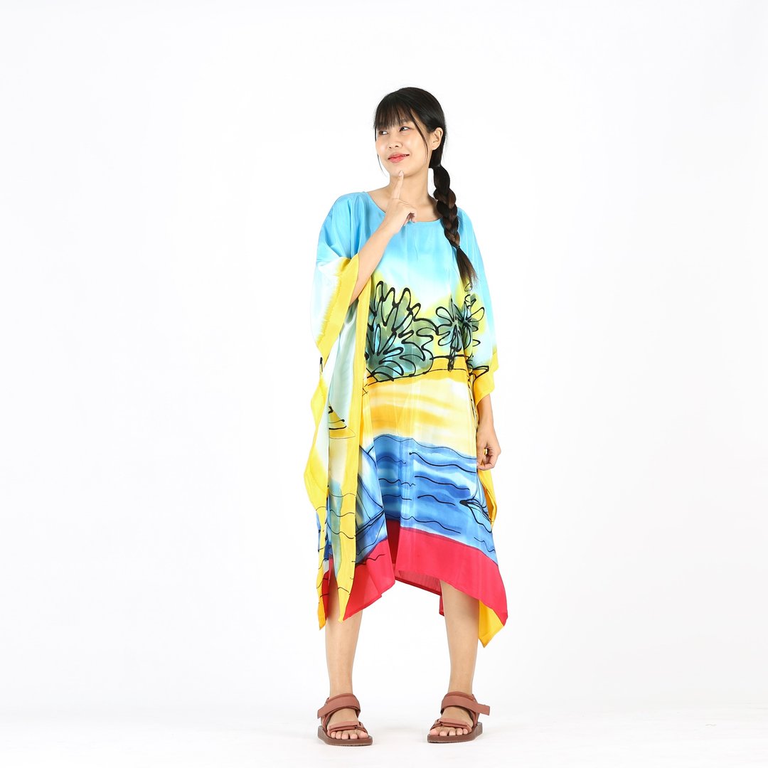 Hand Painted Cotton Silk Kaftan for Summer Resort Vacation F - 洋装/连衣裙 - 棉 黄色