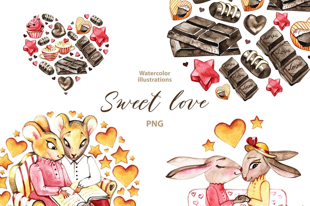 Watercolor Sweet Love clipart set, 6 Png, Vintage style Clipart, Cottagecore - 其他数码设计 - 其他材质 