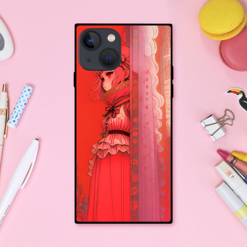 梦幻甜美珊瑚粉色童话风动漫少女 方形手机壳【强化玻璃处理】适用于 iPhone16 - 手机壳/手机套 - 塑料 多色