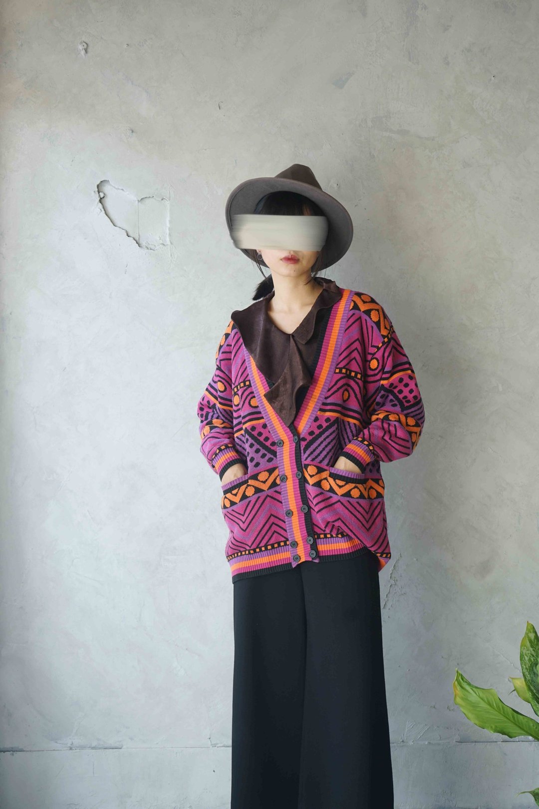 寻宝古着-桃红色童趣几何缇花V领针织外套 - 女装针织衫/毛衣 - 聚酯纤维 红色