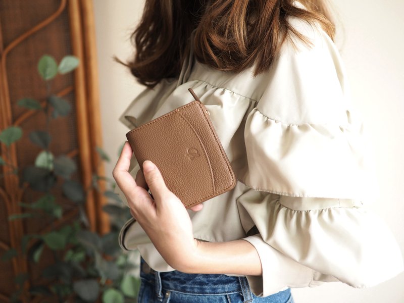 Anna (Coffee) : Bifold Zipper Wallet, Small leather short wallet, Brown - 皮夹/钱包 - 真皮 咖啡色