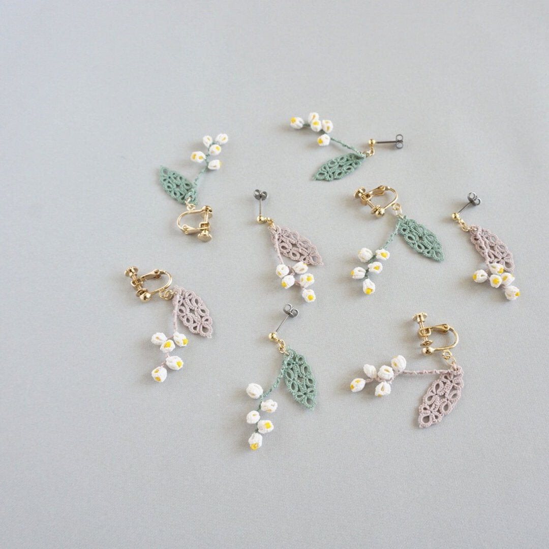 Tatting lace lily of the valley Khaki earrings / Clip-On - 耳环/耳夹 - 棉 绿色