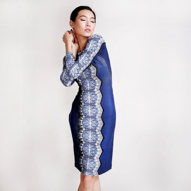 长袖仿旗袍窄洋 - 洋装/连衣裙 - 其他材质 蓝色