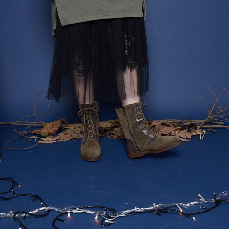 【凛冬远征】率性简约牛皮中筒靴_橄榄军绿 - 女款长靴 - 真皮 绿色