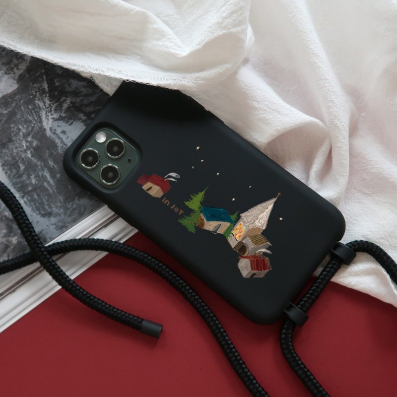iPhone 17/16/15/14/13/12/SE3 圣诞夜小镇 背绳背带手机壳 - 手机壳/手机套 - 塑料 黑色