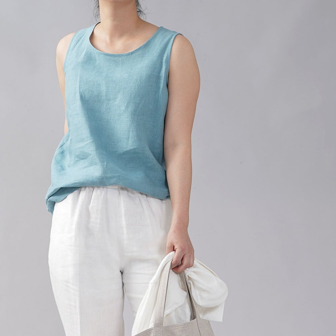 wafu - 亞麻 女裝背心 Lightweight Linen Tank Top / Sky Blue t009b-ash1 - 女装上衣 - 亚麻 蓝色
