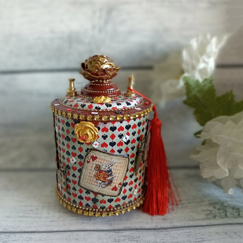 爱丽丝梦游仙境盒子、柴郡猫收纳盒、红色戒指架、疯帽匠盒子 - 收纳用品 - 木头 红色