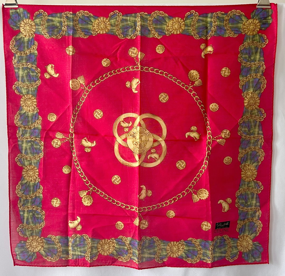 Celine scarf红色凯旋门格仔锁链绵质围巾方巾丝巾 全新连贴纸 - 丝巾 - 棉 红色