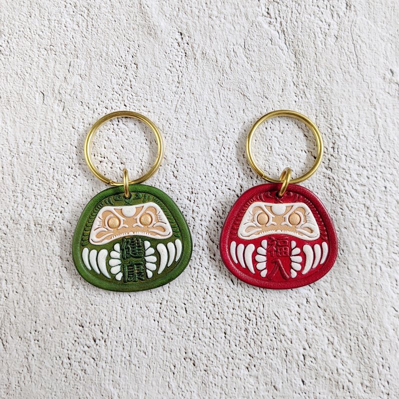 手工真皮 日式手染达摩 圆圈钥匙圈 彩绘款 吊饰 - 钥匙链/钥匙包 - 真皮 红色