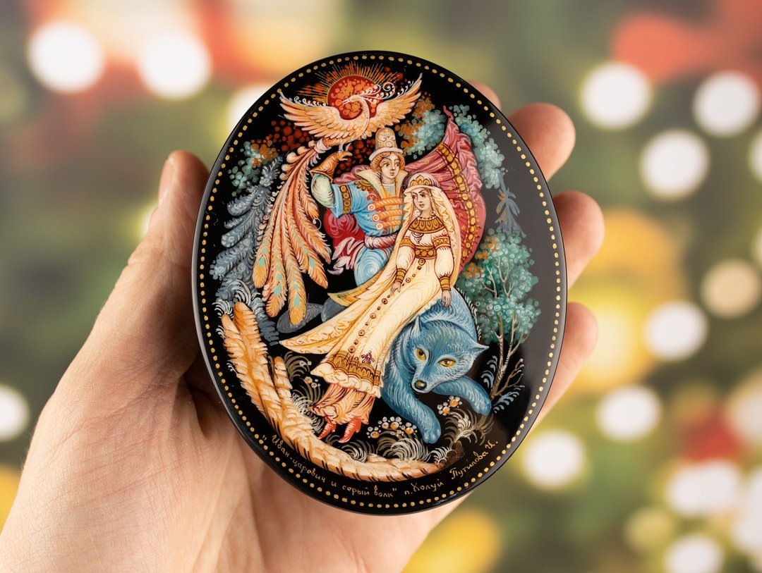 Russian black Lacquer Box Firebird Painted jewelry box, oval ornate jewelry box - 收纳用品 - 其他材质 