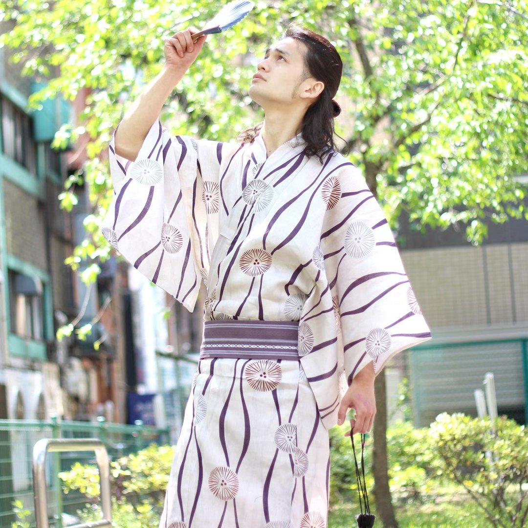 日本 和服 男 浴衣 腰封 2 件 套组 绵麻 L/3L Z20-102B yukata - 其他 - 棉 白色