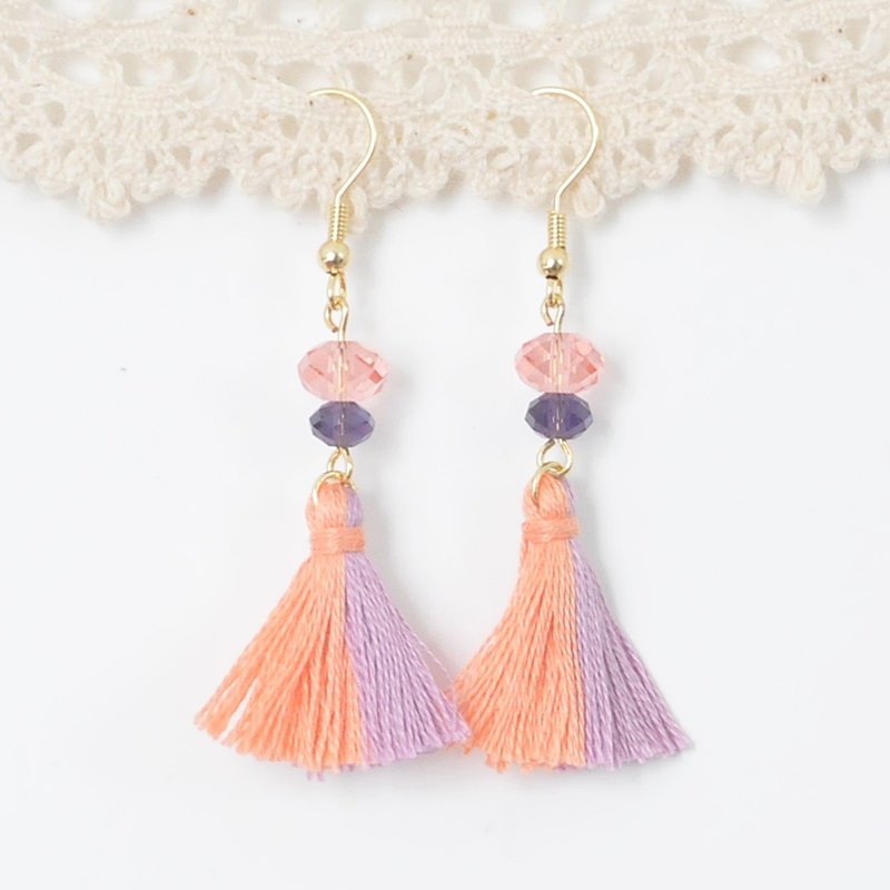 双色流苏。粉橙粉紫。施华洛世奇。耳环 Two Colorway Tassel。Pastel Orange Pastel Purple。Swarovski Crystal。Earrings - 耳环/耳夹 - 宝石 多色