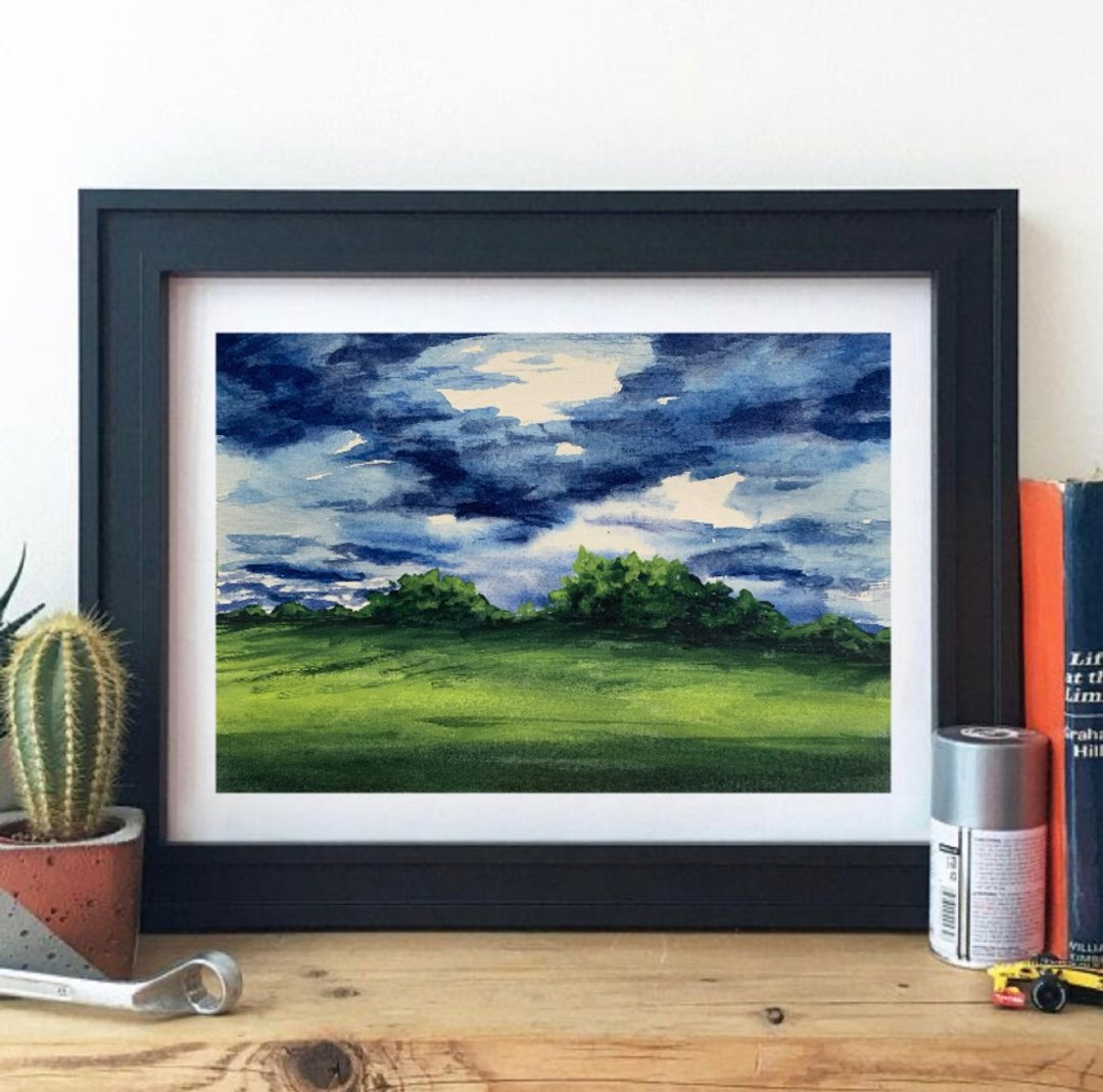 Original Watercolor Painting Cloudy Landscape Trees Painting Green Field Artwork - 墙贴/壁贴 - 纸 多色