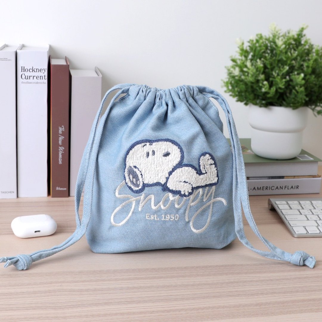 Peanuts Snoopy Oversize 牛仔风束口袋-史努比 毛巾绣收纳袋 - 束口袋双肩包 - 聚酯纤维 多色