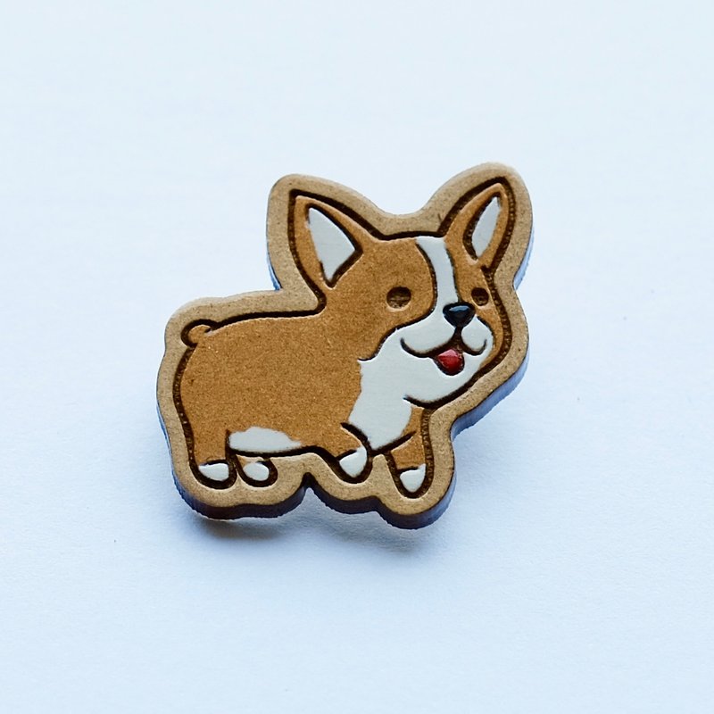 彩绘木制胸针-柯基犬 - 胸针 - 木头 咖啡色