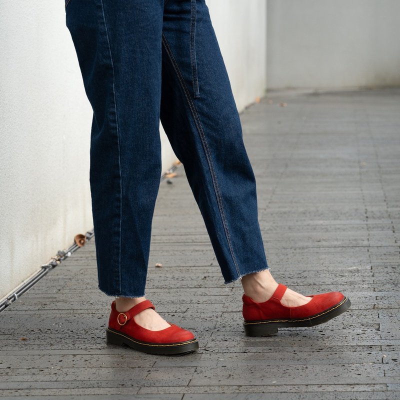 吉祥红复古玛丽珍手工擦色 - 玛莉珍鞋 - 真皮 红色